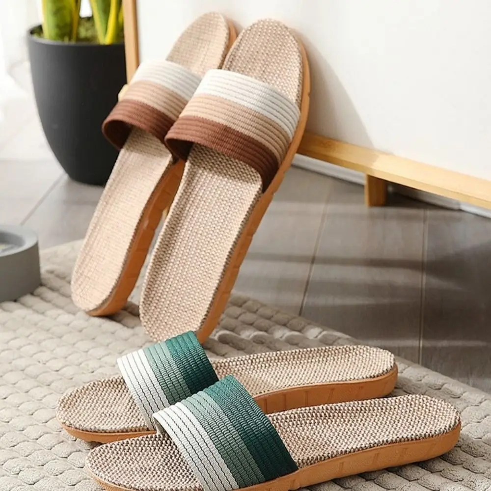 Casual Non-Slip Linen Indoor Slippers Soft Flax Men Slippers Stripe Sandals Women Slippers Home