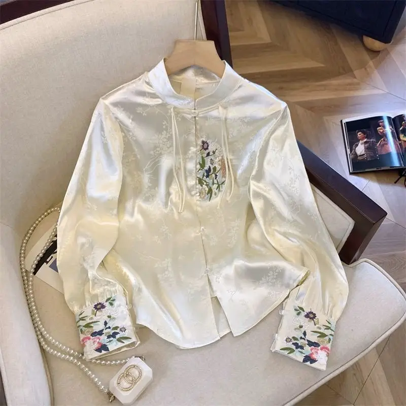 2026 New Spring Summer Women Embroidered Shirt Female Stand Collar Jacquard Shirt Blouses Ladies Tops Office Lady Elegant Cloths