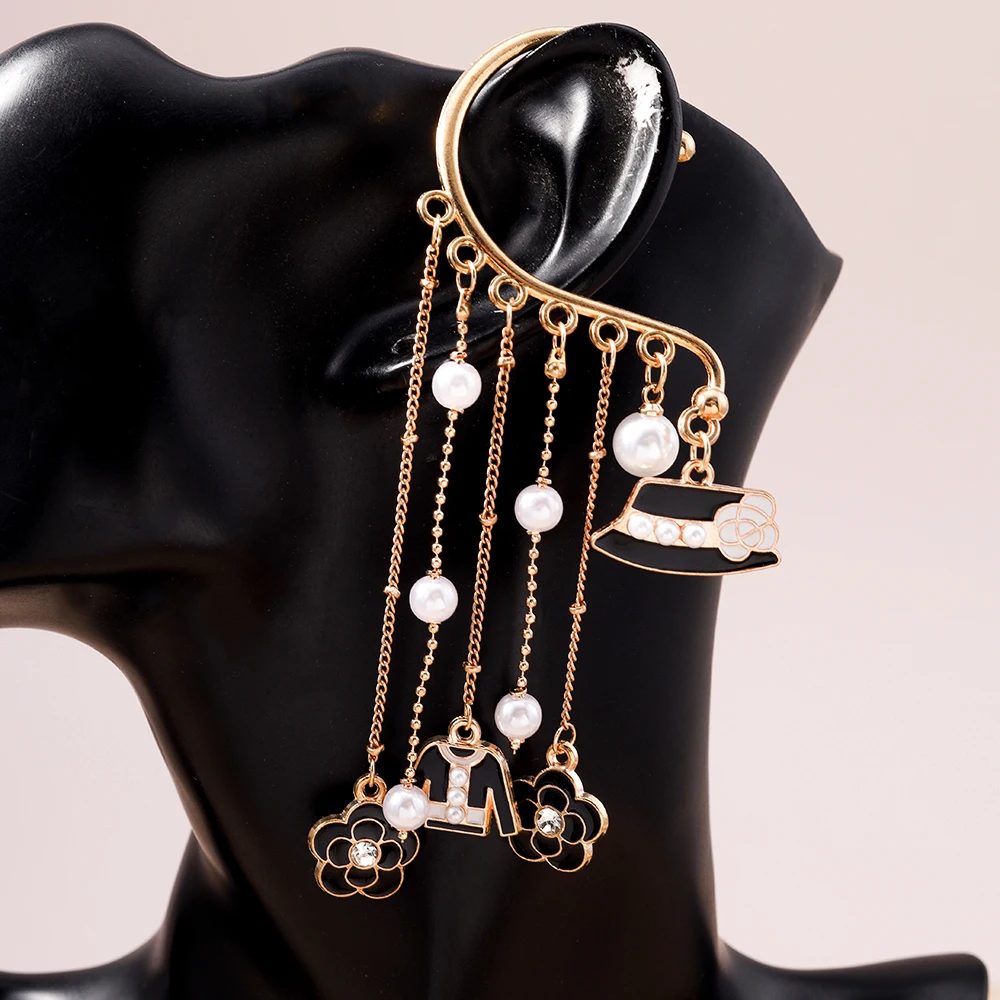 Aihua Pearls Brand Design Hat Coat Flower Clip Earrings For Women Long Tassel Non-Piercing Fake Cartilage Earring Jewelry Gifts