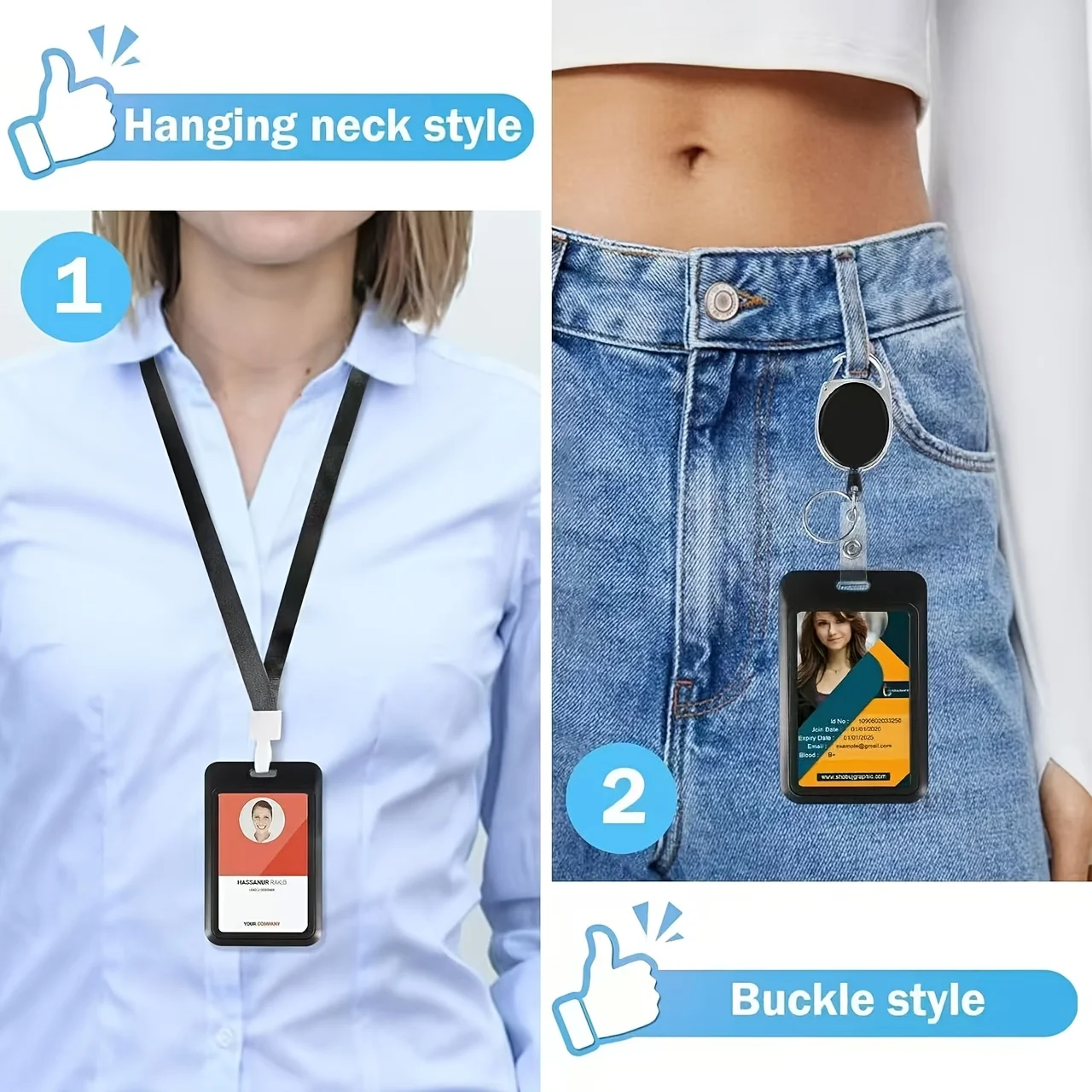 Slider Badge Clip - Hard Black Vertical Plastic Card Case Protective Cover with Retractable Badge Reel and Black Lanyard