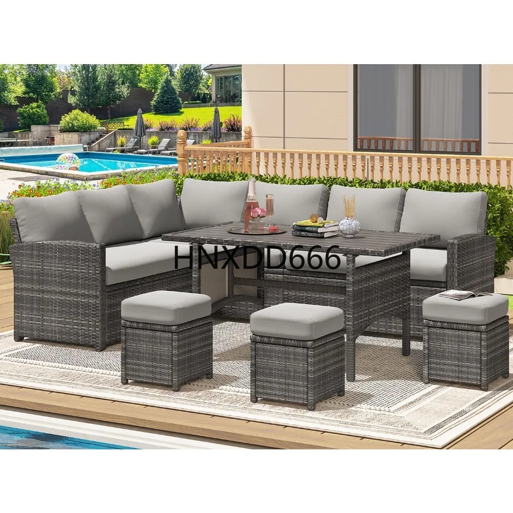 

7-компонентный секционный диван для бесед на открытом воздухе, всепогодный плетеный обеденный стол из ротанга, наборы садовой мебели