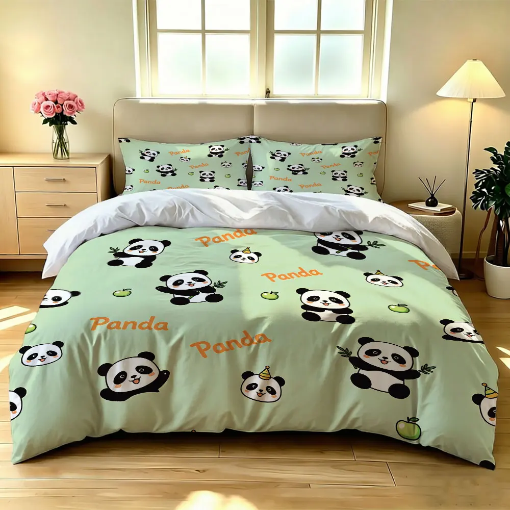 Cartoon Panda 3‑Pieces Bedding Set Duvet Cover Without Filler 2 Pillowcases Soft Comfortable Bedroom Decor Machine Washable H