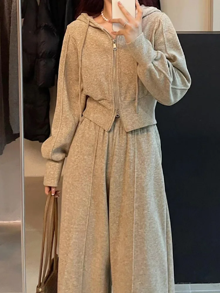 

2025 sportswear set women's spring and autumn new lazy wind loose cardigan hooded sweater wide-leg trousers two-piece set