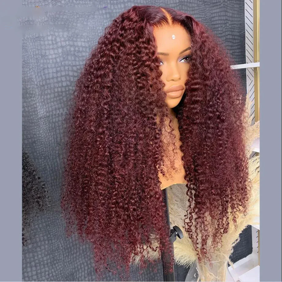 Perruque Lace Front Wig sans colle bordeaux, cheveux crépus bouclés, 99j, 26 pouces de long, densité 180, pour femmes noires, cheveux de bébé, préplumés, degré de chaleur