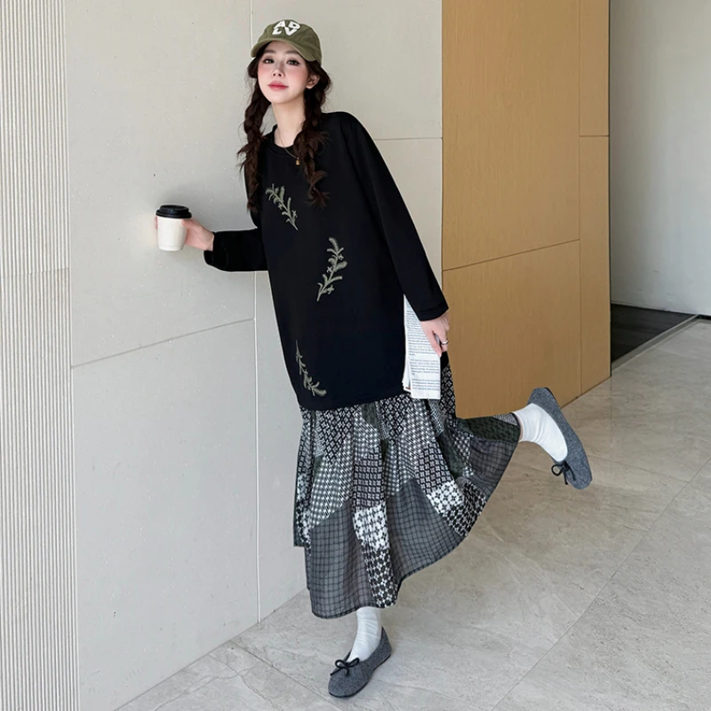 New 2026 Autumn Winter Thick Dresses Patchwork Black Dress Loose Plus Size Lady Vestidos Long Sleeve Fake Two Piece Clothes