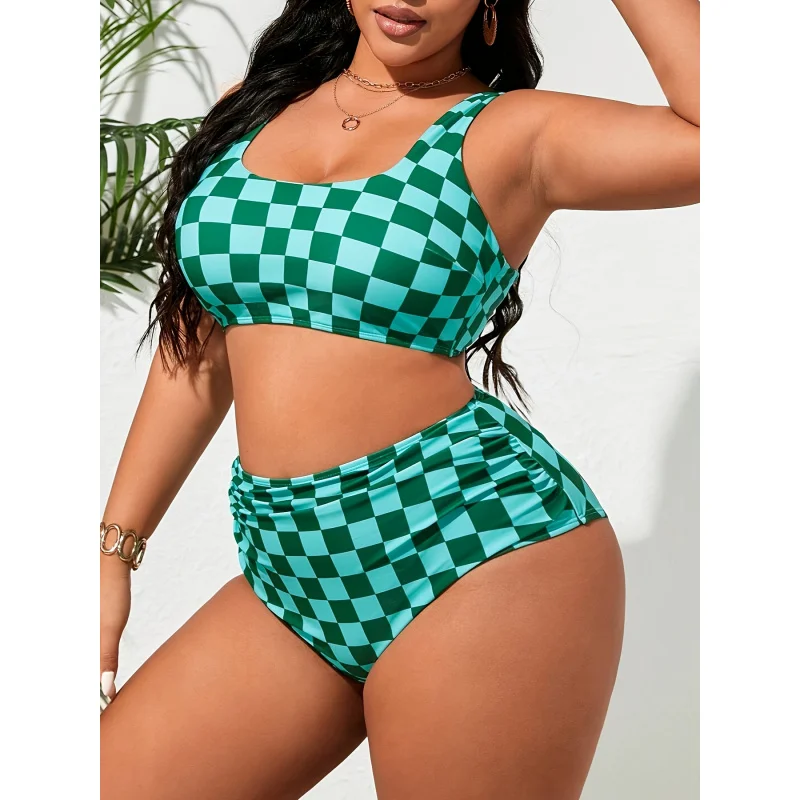 

Женский комплект бикини больших размеров в клетку с плиссировкой на талии, повседневный, шикарный, в курортном стиле