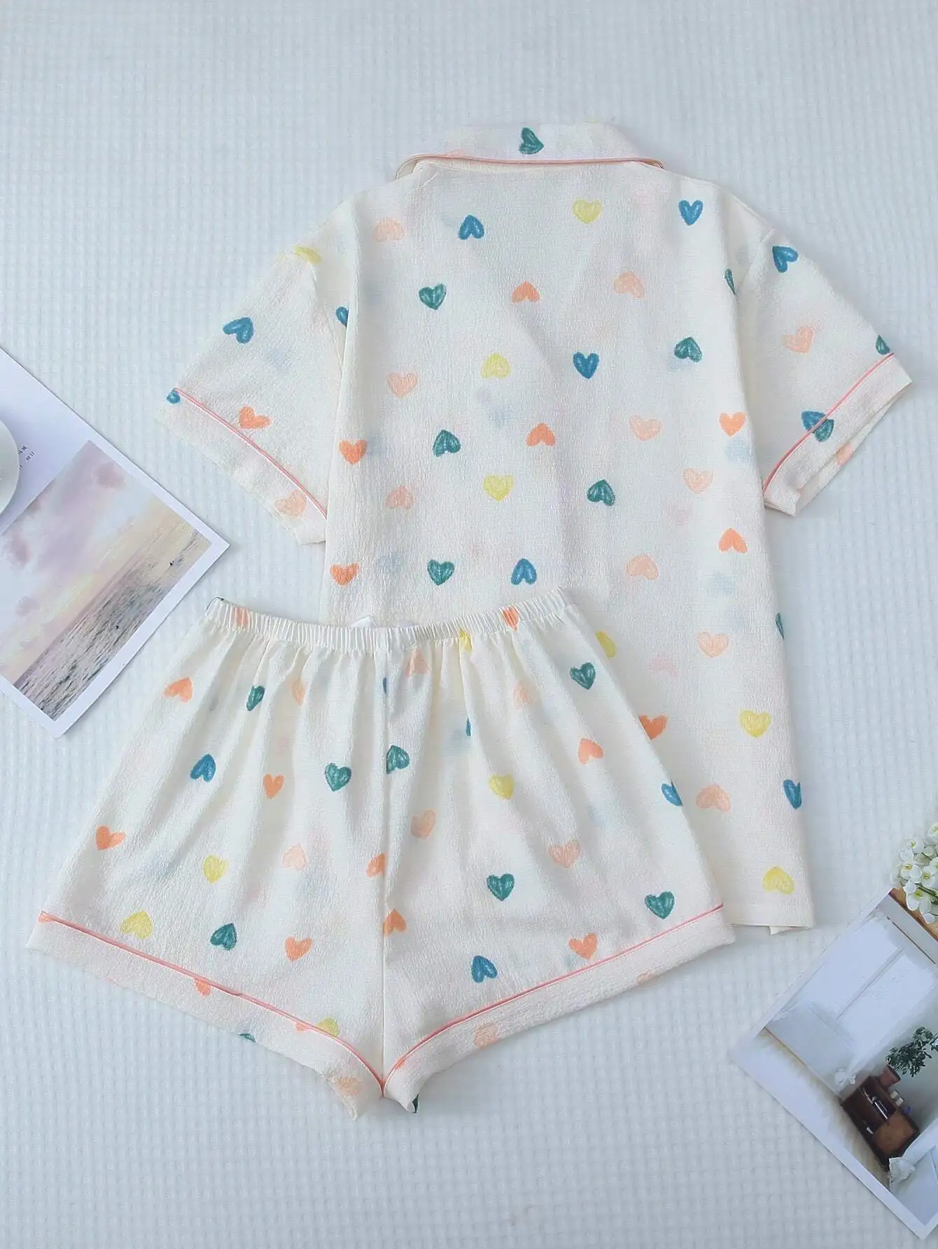 

Women Pajamas Heart Print Pajama Set Elegant Sweet & Cute Lapel Button Up Top and Bow Shorts Women Sleepwear & Loungewear Set