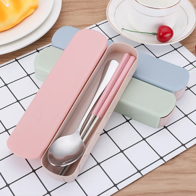 Stainless steel tableware convenient set chopsticks spoon fork three piece set with box student cute pull-out travel tableware