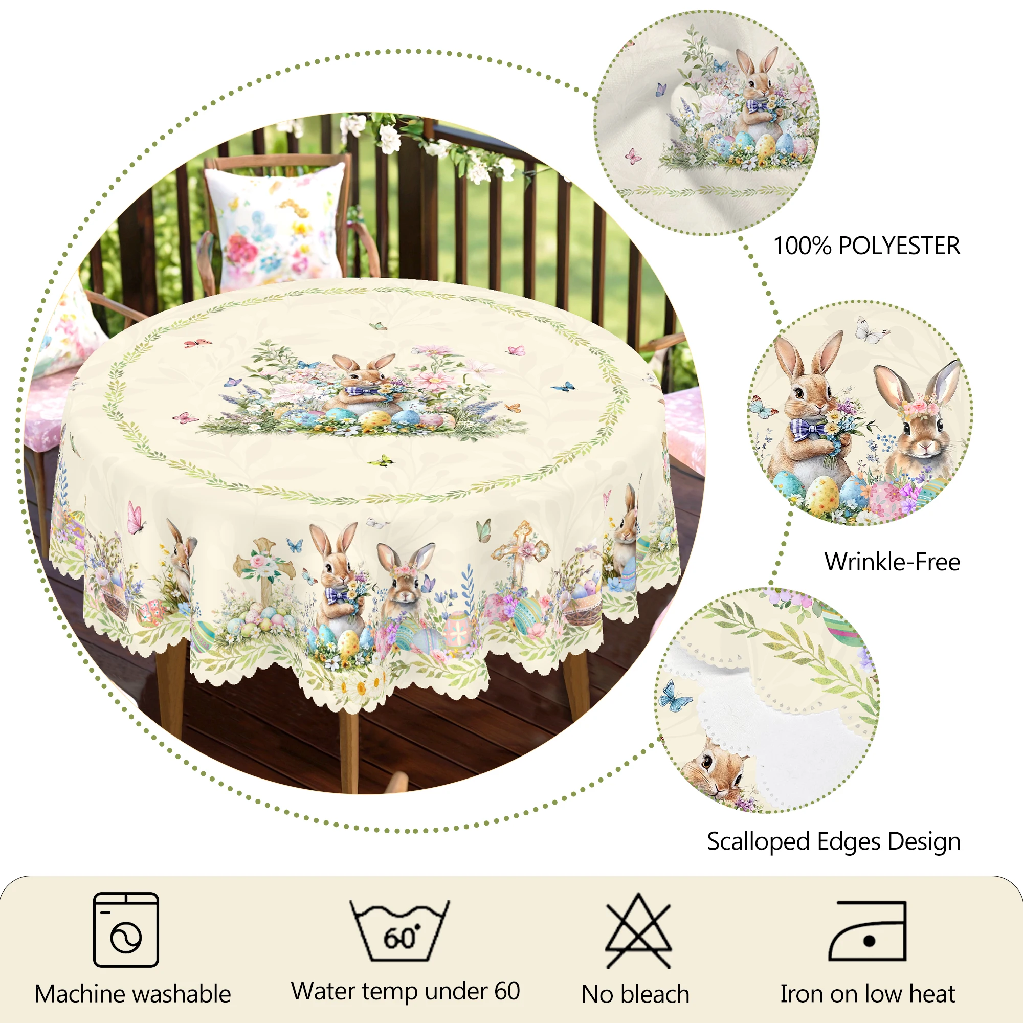 1 Easter Round Tablecloth, 5 Sizes Available, Easter Cross Rabbit Egg Print Tablecloth, Edge Embossing Process, Spring Garden Tablecloth Decoration,
