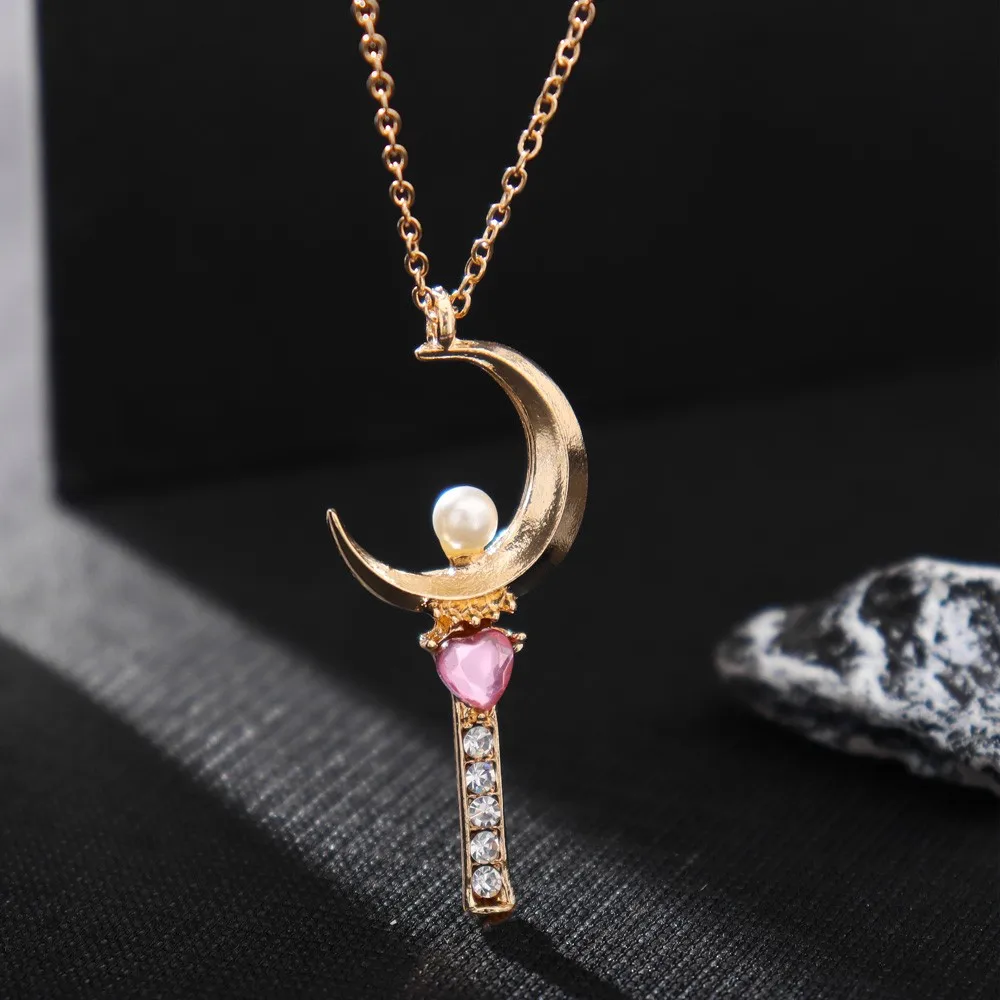 Japanese Anime Sailor Moon Loving Magic Wand Crystal Cosplay Pendant Necklace Girl Accessories Cute Cosplay Props Necklace