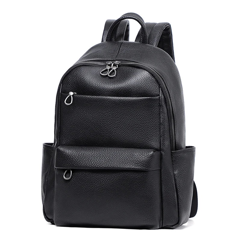 Fashion Multi Pockets Men Backpack Genuine Leather Black Laptop Bag Mochila Student Bookbag Boys School Bag Travel Rucksack Men