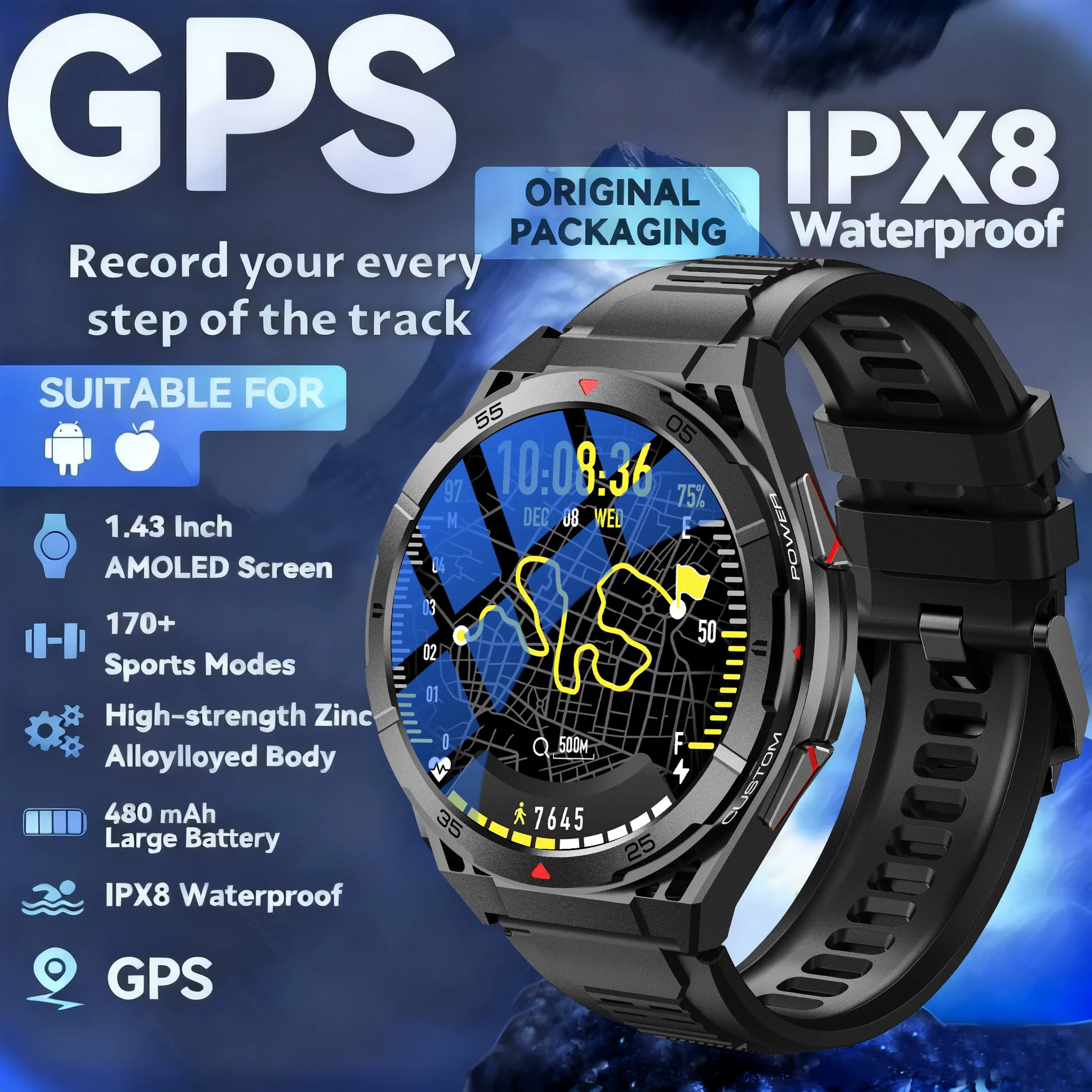 

2025 New sports watch GPS SmartWatch Men 466*466 AMOLED HD 150+Sport Mode Compass BT Call Health Monitor IP69 Waterproof Watch