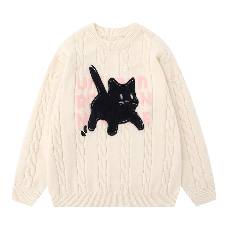 Sweater Men's and Women's Same Pullover Cute Cat Embroidery Loose round Neck Autumn and Winter Couple Apricot Cable-Knit Sweater