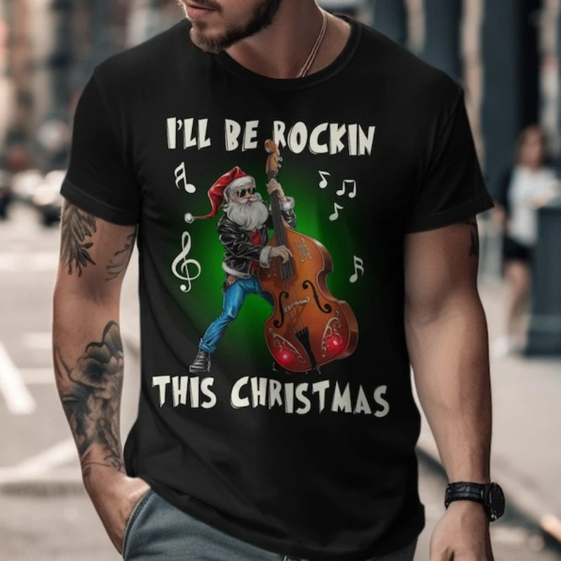 

Рокн-ролл Санта играет вертикальный бас Рокин эта рождественская рокабилли Рождественская футболка крутая праздничная рубашка с рисунком праздничная праздничная одежда