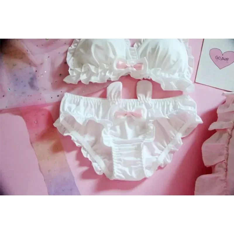 Cos Japanese Lolita Kawaii Bow Ruffle White Underwear Sexy Female Cute Rabbit Ears Lingerie Women's Bra & Panties Set Bras