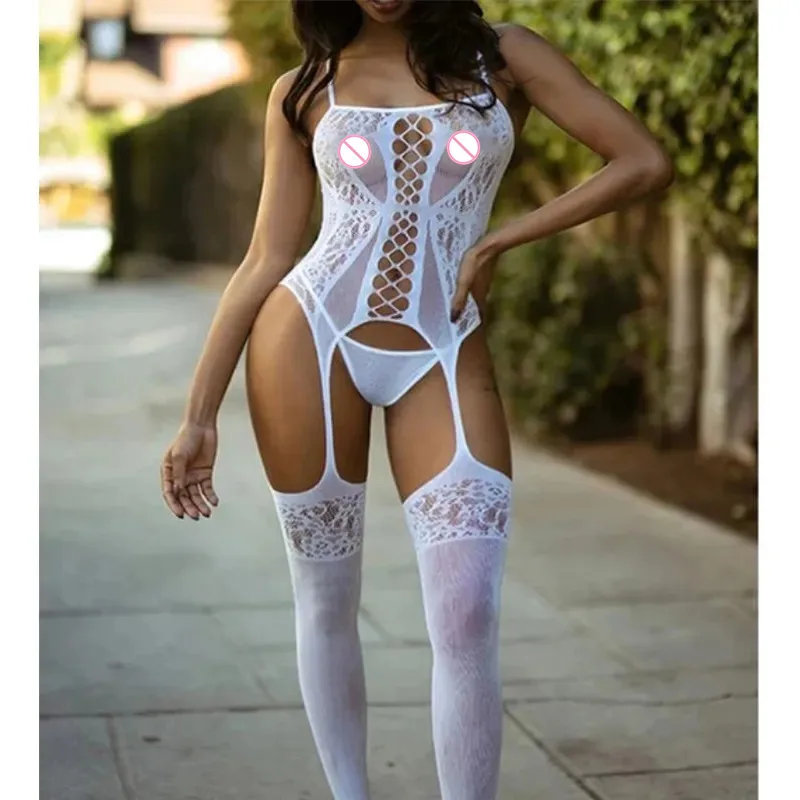 Bodysuit de rede para mulheres, sutiã aberto, macacão crotchless, lingerie erótica, corpo sexy, malha nova, 2023