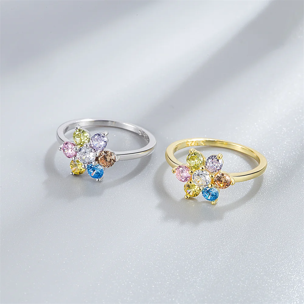 

Korean S925 Sterling Silver Ring, Rainbow Zircon Flower, Light Luxury Elegant Women's Ring