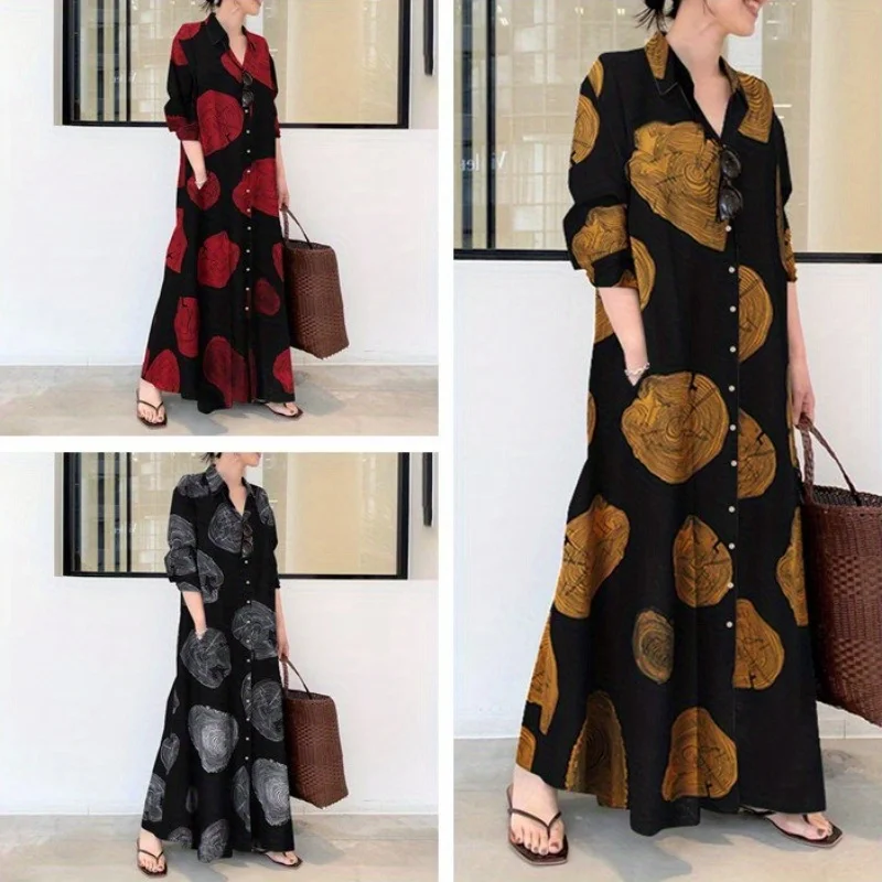 

Новинка 2025 года, мусульманское хлопковое и льняное платье с воротником с лацканами и длинными рукавами, простое свободное повседневное длинное платье-рубашка с принтом, женские аксессуары для платья