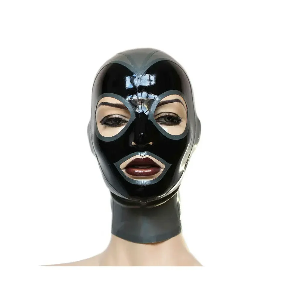 Capuche en Latex Noir avec Bouche et Yeux Ouverts Argentés, Masque Fait à la Main, Tenue de Club, Accessoires de Costumes d'Halloween pour Femme