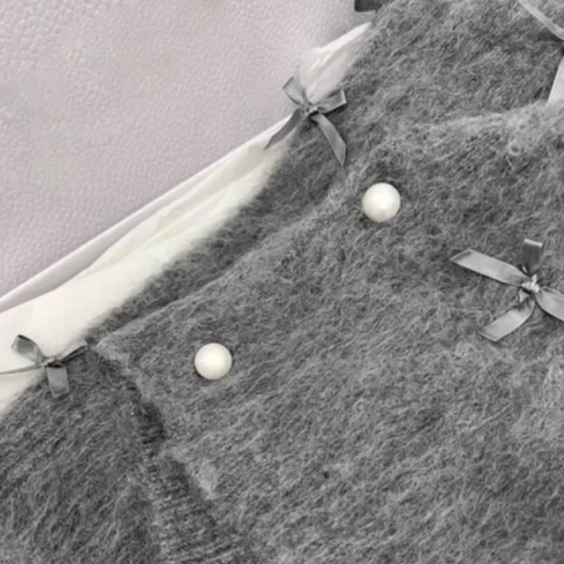 Kawaii Bow Knitted Cardigan Women Long Sleeve Grey Sweater Korean Casual Cardigan For Women Harajuku Loose Coat 