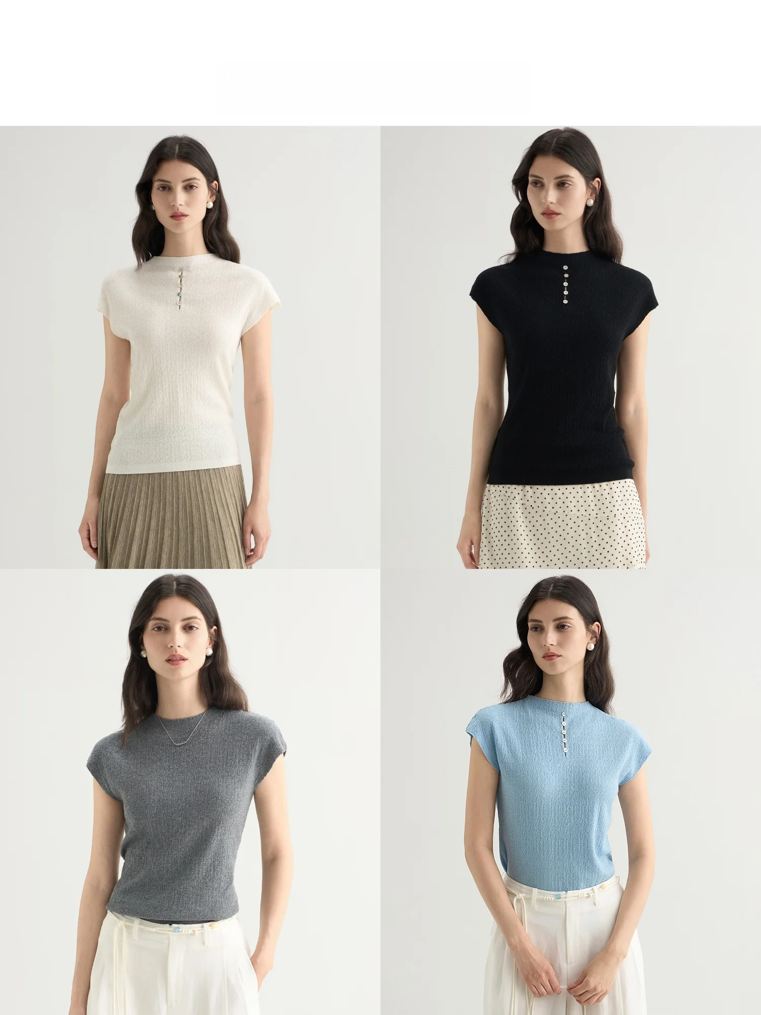 RQIA | Silk Knitted Short Sleeve Women's Top Slimming Fly Sleeve Textured Folded Knit Front And Back Summer Breathable T-Shirt