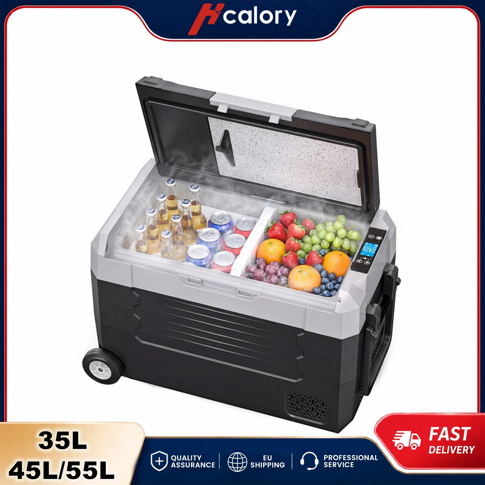 Hcalory Tragbarer Kompressor-Kühlschrank mit Doppelzone und Einzeldeckel mit Rädern, 12V/24V DC & 230V AC Multispannungs-Kühler für LKW, Wohnmobil, Camping und Heimgebrauch