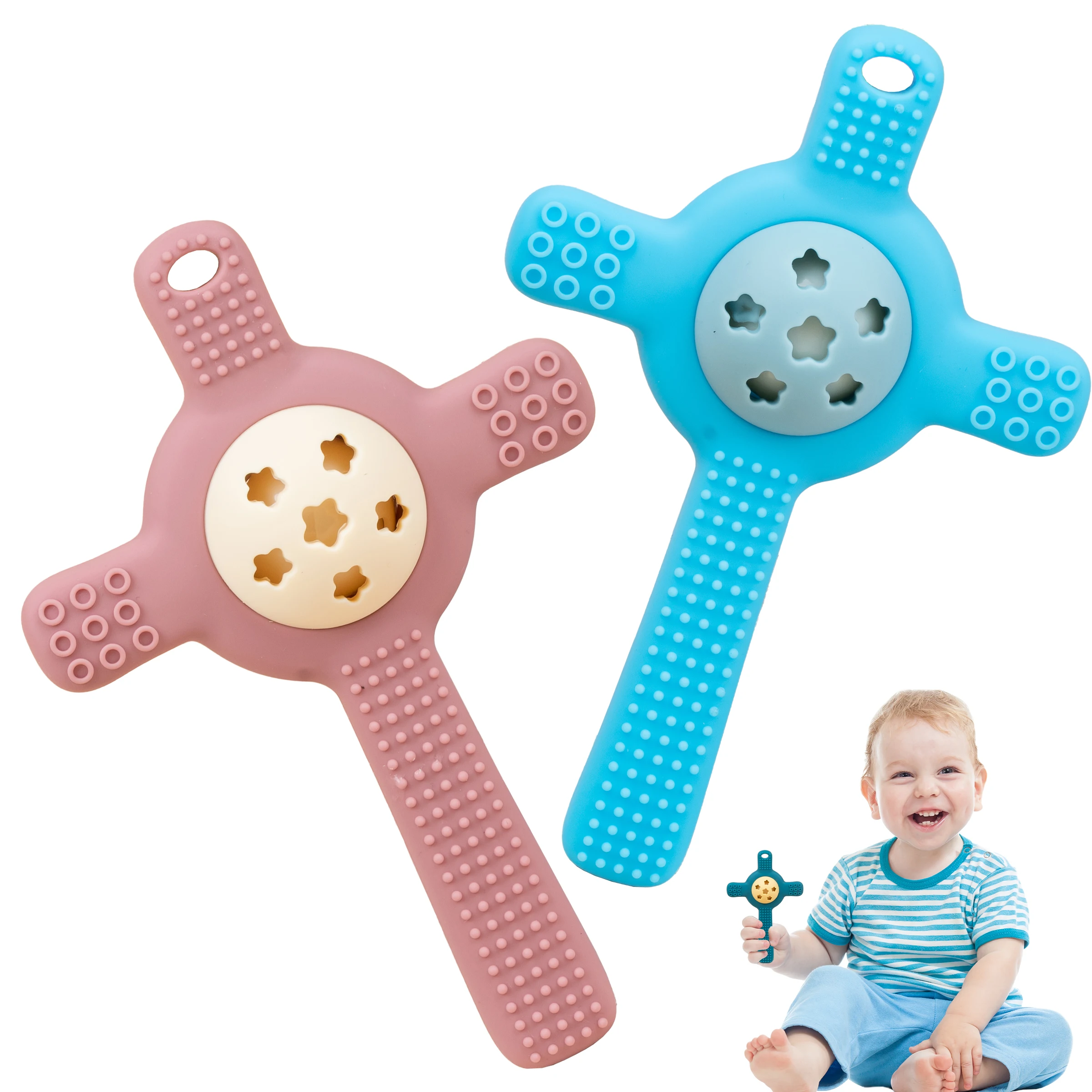 

Infant Cross-Shaped Teething Rattle, Food-Grade Silicone Teething Stick, Soothing Teether for Babies during Teething Period