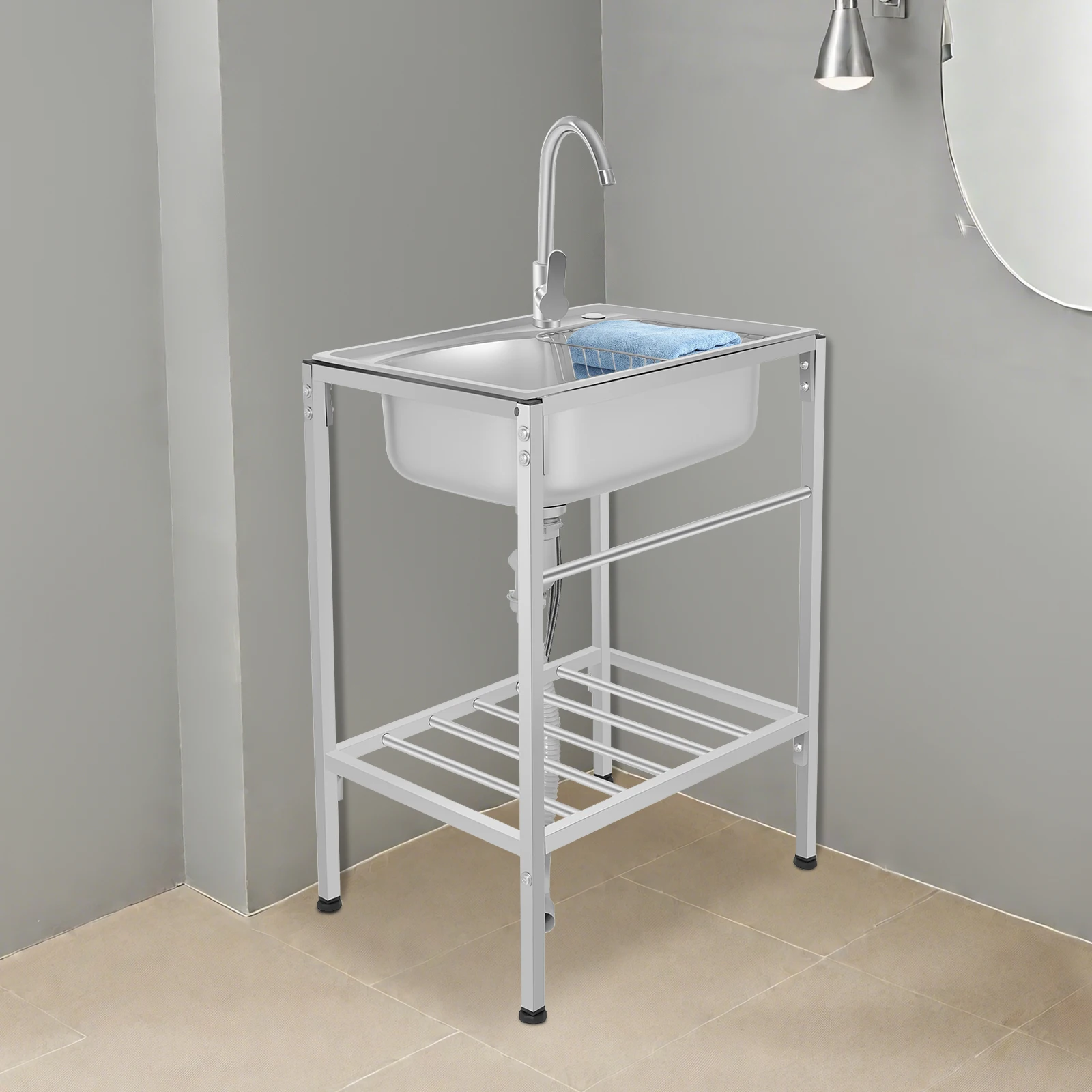 Évier de cuisine évier Mobile en acier inoxydable, robinet d'évier simple + panier de vidange