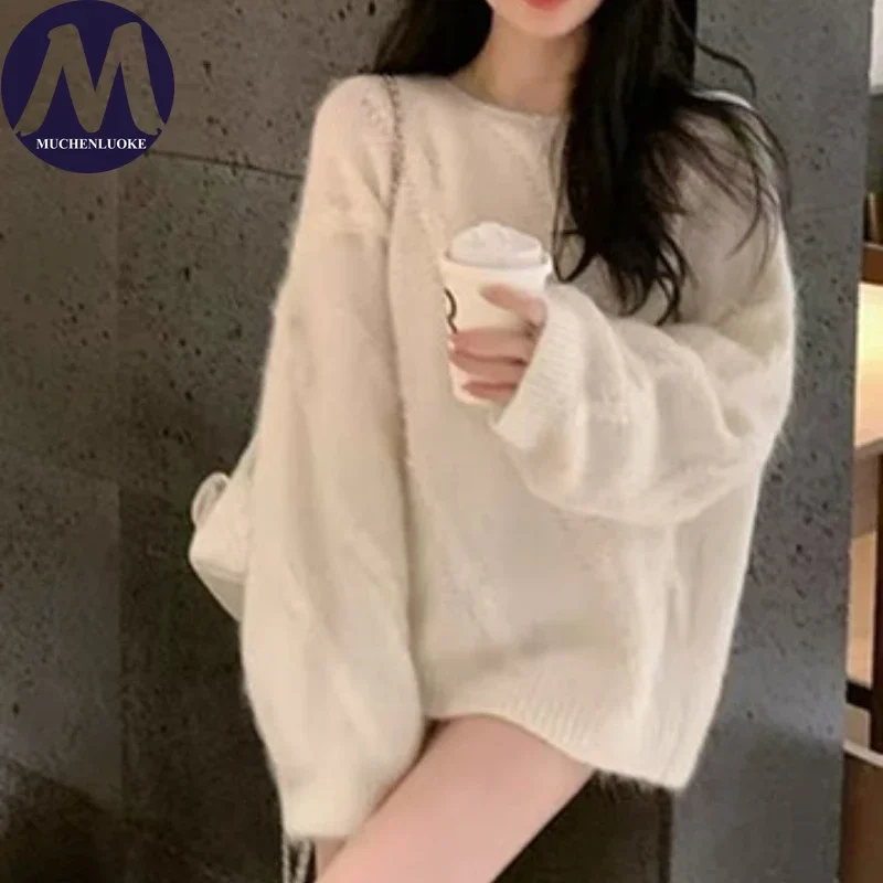 أنيقة طويلة الأكمام س الرقبة محبوك سترة للنساء الكورية أزياء عارضة فضفاضة سميكة الدافئة الخريف الشتاء السترة