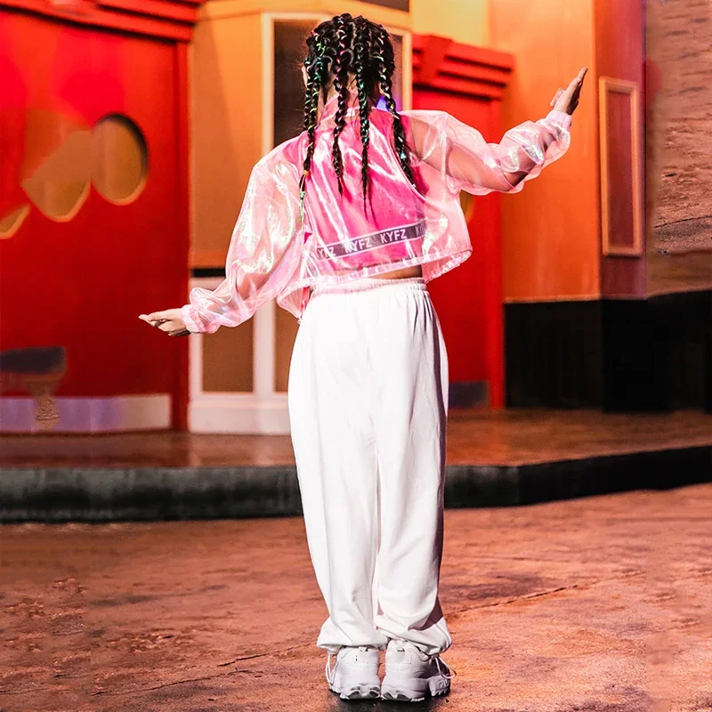 Fato infantil de Hip Hop, roupa de palco, traje de dança jazz para meninas, tops rosa, calça branca