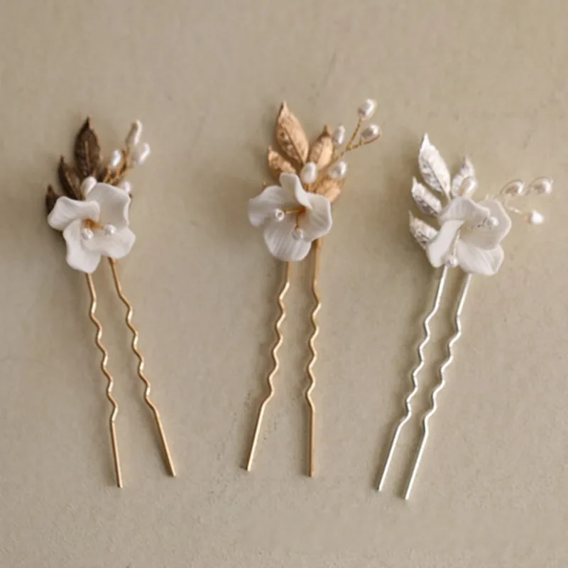 งานแต่งงาน Pins คลิปผมเซรามิคดอกไม้เจ้าสาว Headpiece ทองเงินสี Leaf เครื่องประดับไข่มุกผู้หญิง Boddy Pin