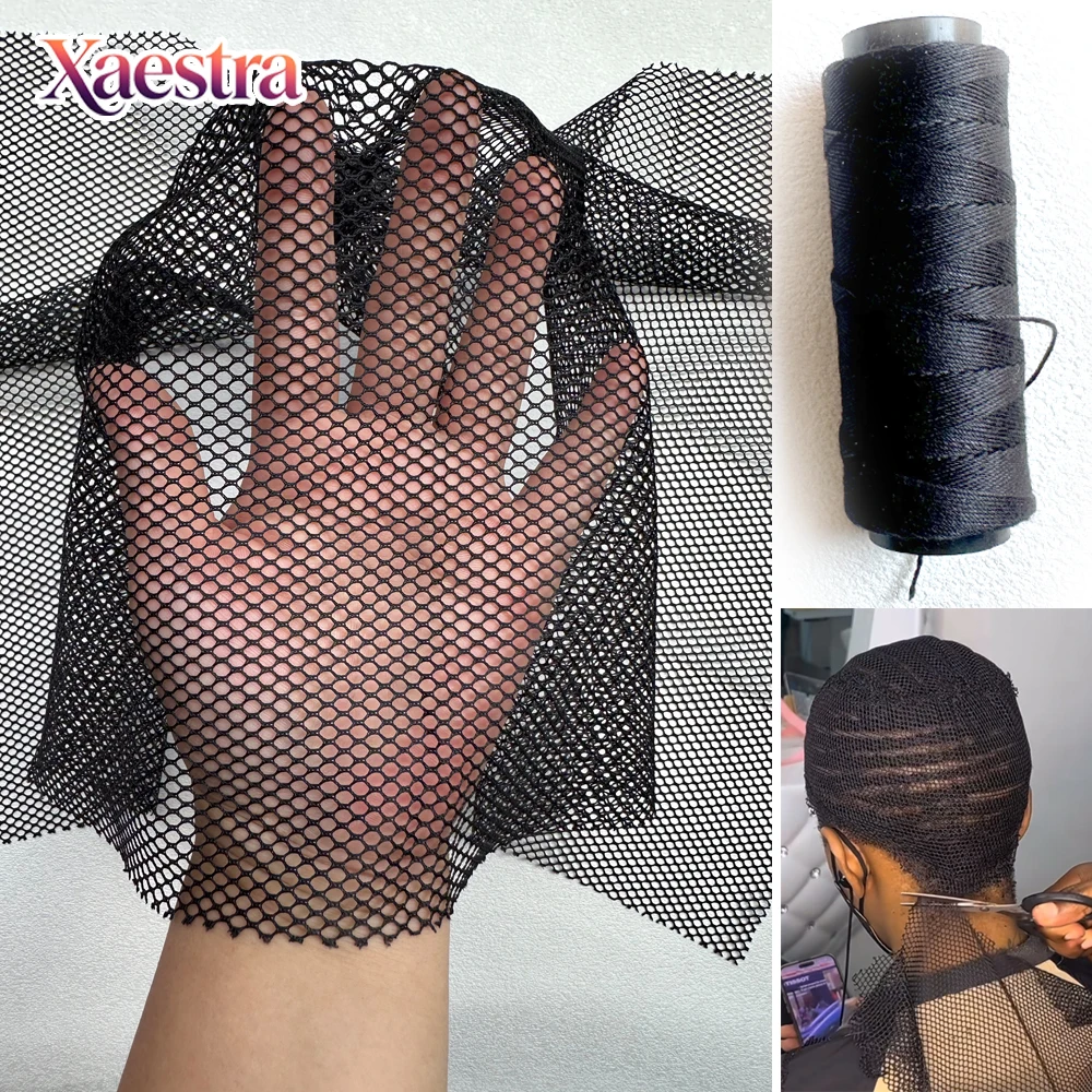 Xaestra Big Holes 100% Polyester Hair Weaving Net,Black Wig Foundation Net With Weaving Needles & 1 Roll Thread For Hair Weaving