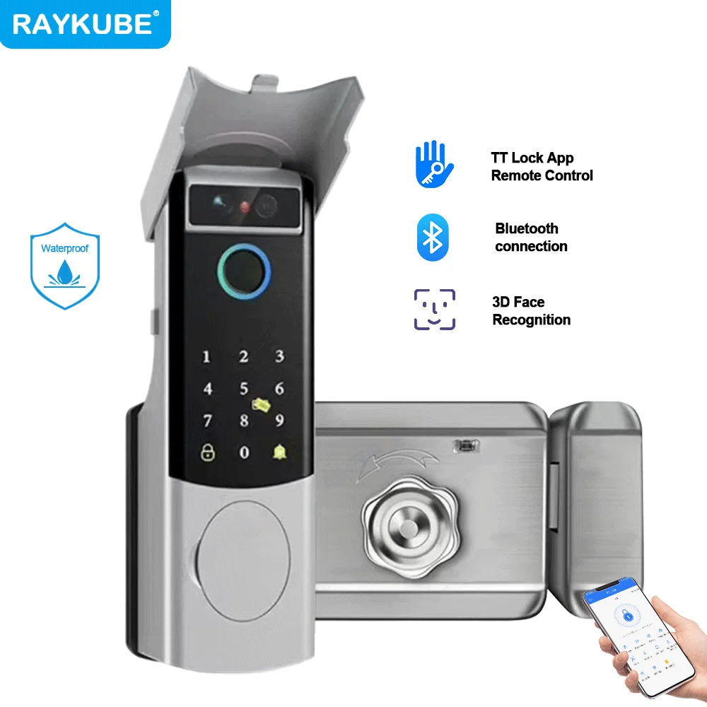RAYKUBE V6/V8 Waterproof TT Lock Bluetooth Face Recognition Electric Lock Digital Fingerprint Lock APP Control  For Gate Door