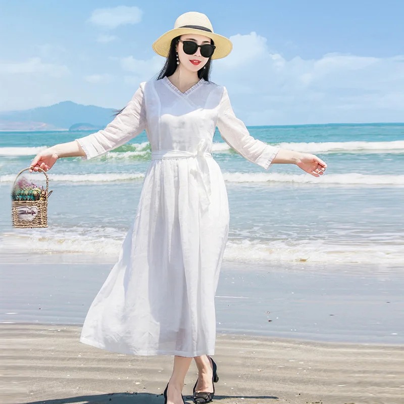 

Белое длинное однотонное летнее шелковое платье с V-образным вырезом и рукавом 3/4 для защиты от солнца, для путешествий, для чаепития, для повседневной носки, новинка