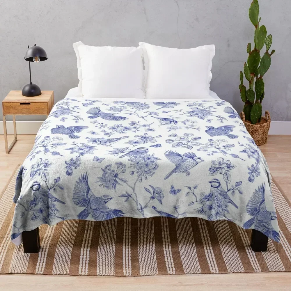 

Vintage Blue Toile Birds French Country Pattern Throw Blanket Long Lasting Soft Plush Blanket for Daily Use