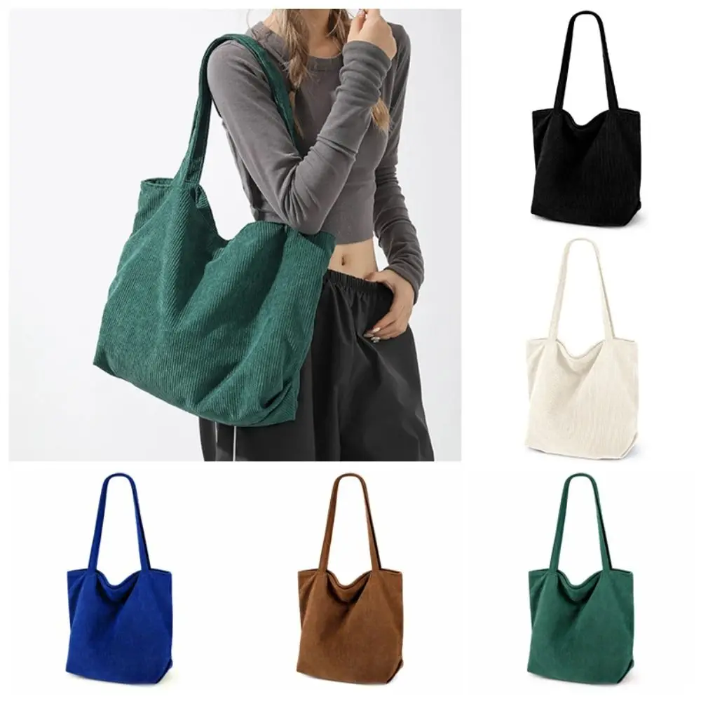 

Trendy Corduroy Shopping Bag Canvas Retro Tote Bag Large Capacity Solid Color Shoulder Bag