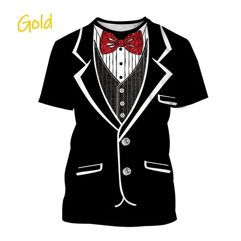 2024 Summer Men\'s Tuxedo Retro Tie Suit T-shirt Bow Tie 3d Print T-shirt Casual Short-sleeve Street Hip Hop Funny Fake Suit Tops