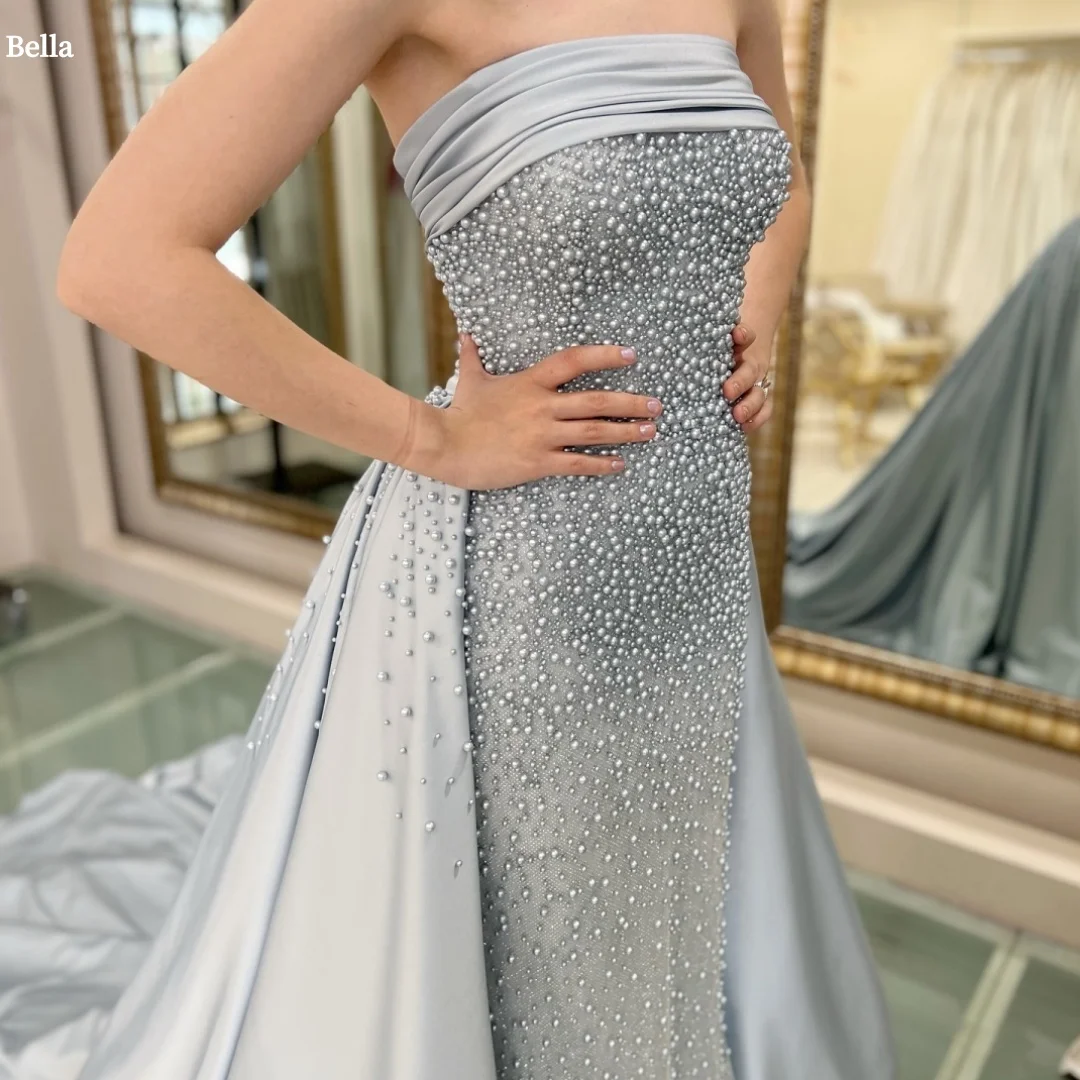 

Bella Индивидуальные серые жемчужные платья без бретелек с открытой спиной, вечерние платья без рукавов со шлейфом, платье для выпускного вечера длиной до пола, 2025 г.