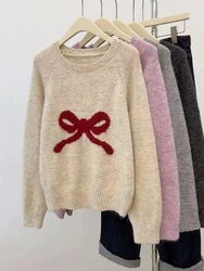 Grey Bow Knitting Sweater Y2K Harajuku Korean Long Sleeves O Neck Pullover Autumn Winter Female Sweet Preppy Warm Knit Jumper