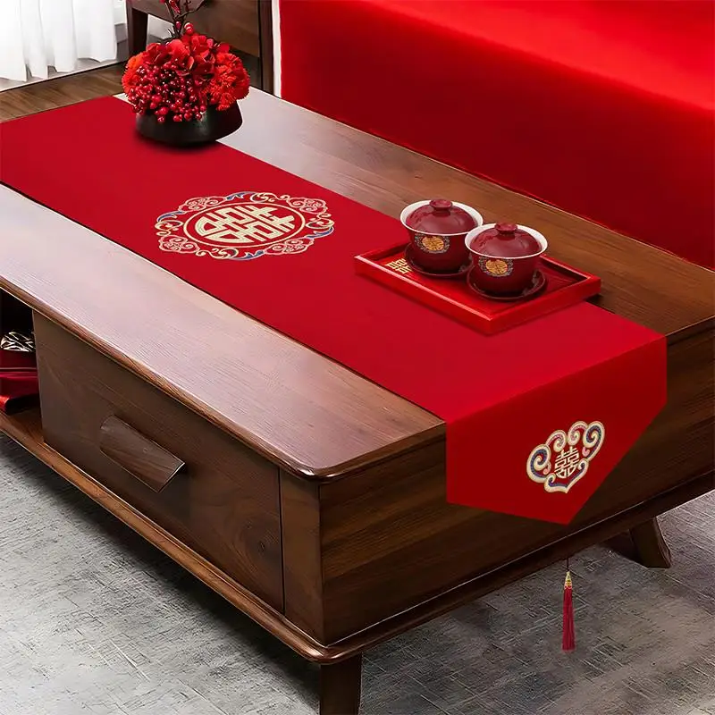Red Satin Table Flag Wedding Decoration Chinese Style Modern Home Fabric Tablecloth for Marriage Celebration And Tea Table Decor