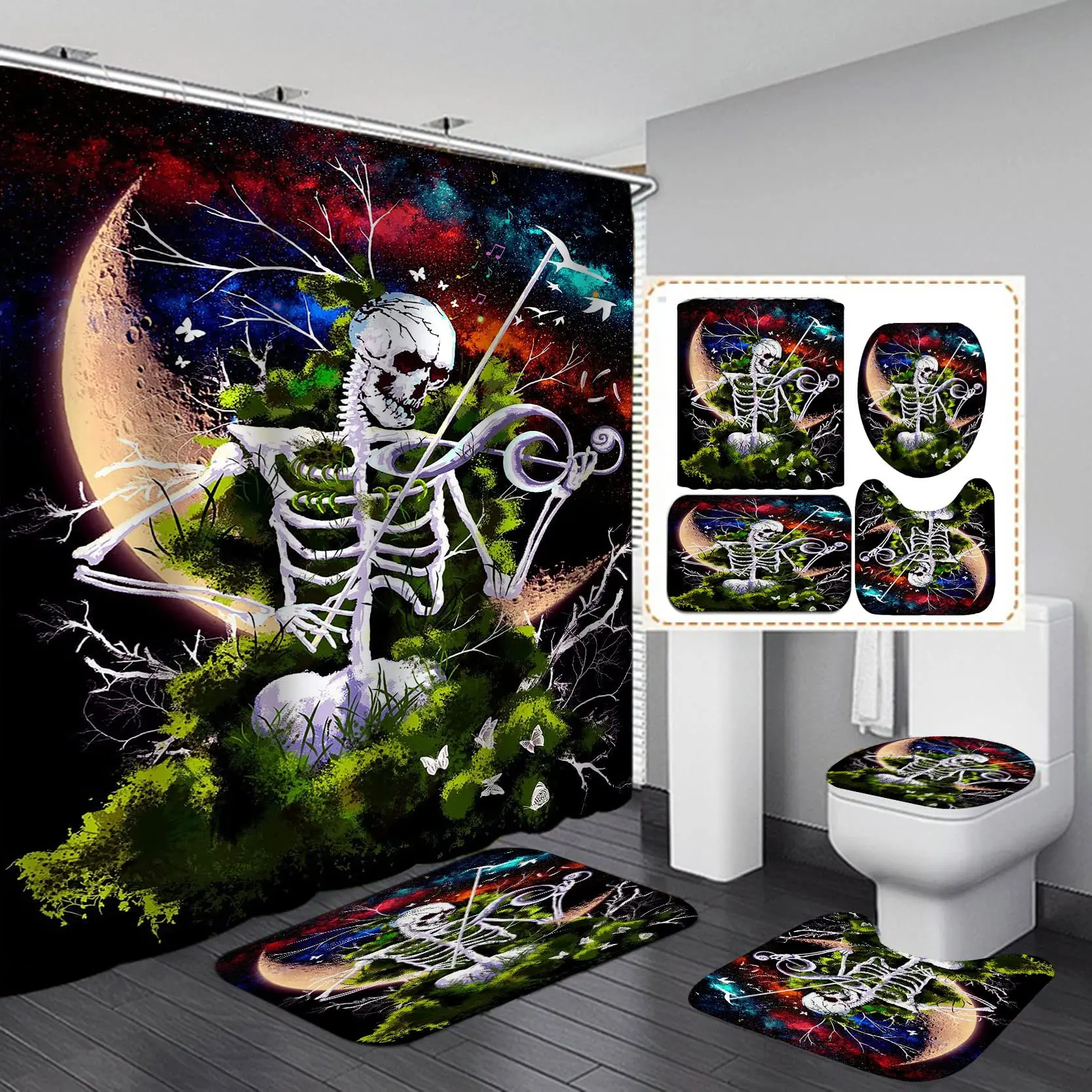 Sugar Skull Shower Curtain Set Day of The Dead Romantic Skeleton Couple Motorcycle Goth Red Rose Bat Gothic Bathroom Curtain Set