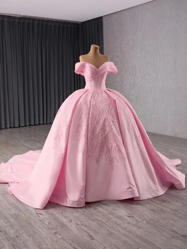 Customized Lovely Blushing Pink Rhinestone Sequins Wedding Dresses 2025 Ball Gown  Short Sleeve Backless Chapel Train Wedding