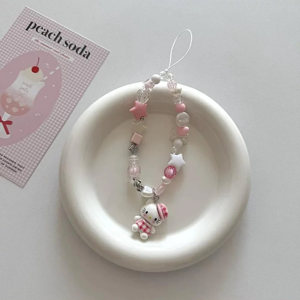 Sanrio Red Checkered Hello Kitty Phone Pendant Cartoon Kitty Phone Case Chain Keychain Backpack Accessories Gift