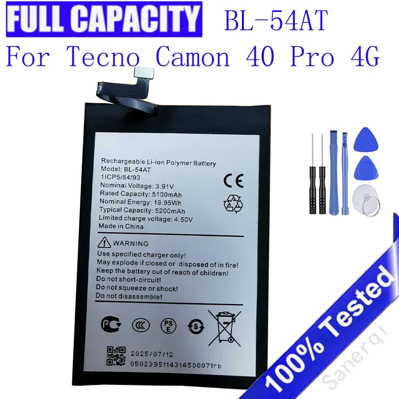 

3,91 В, 5200 мАч BL-54AT для Tecno Camon 40 Pro 4G, аккумулятор для мобильного телефона