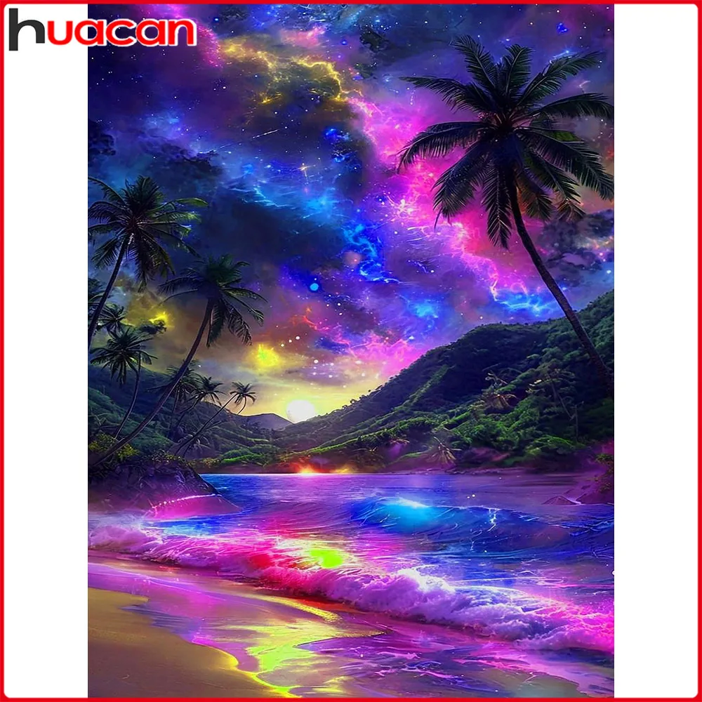 Huacan Diamant-Gemälde am Meer, Sternenhimmel, Baum, Diamant-Mosaik, Landschaft, neue Kollektion 2025, Bild von Strasssteinen