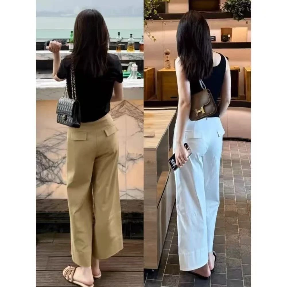 

Wide Leg Ice Silk Pants High Waist Straight Cut Commute Style Korean Fashion Color Casual Trousers for Women