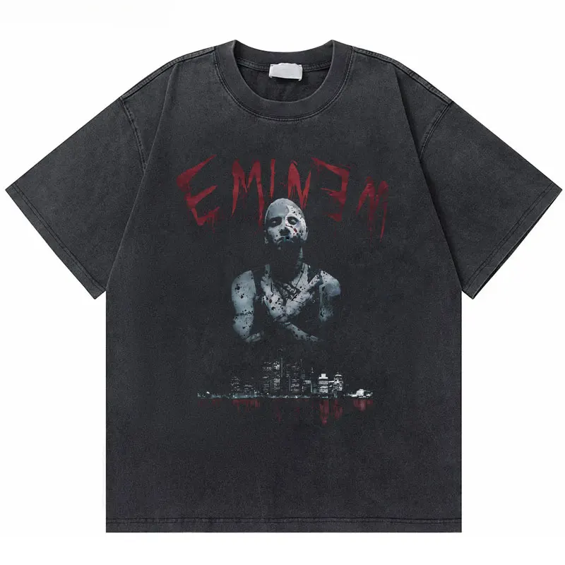 

Washed Vintage Bloody Horror Eminem Slim Shady Graphic Print T-shirts Men Hip Hop Fashion T Shirts Male Casual Oversized Tshirt