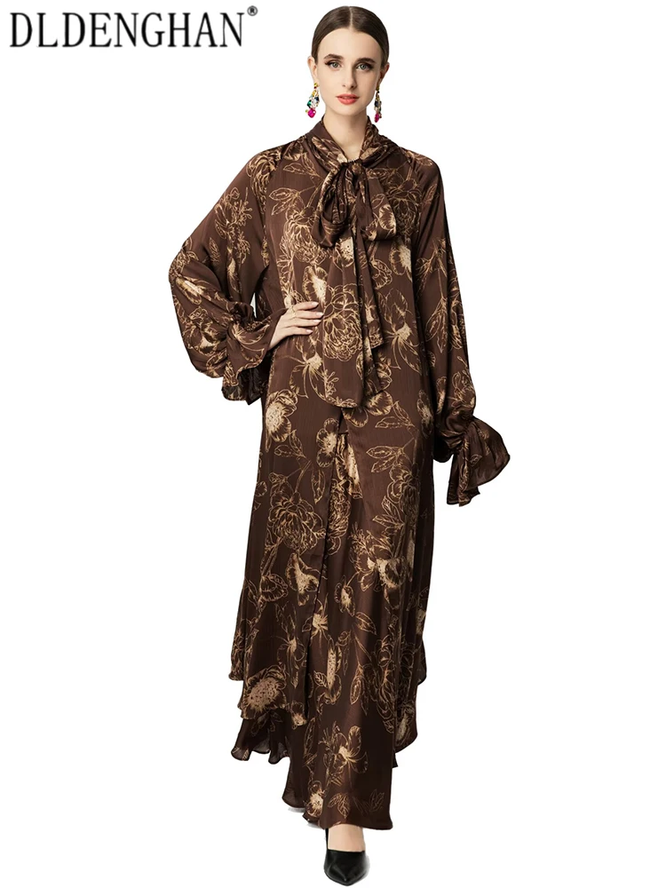 

DLDENGHAN Women's Lace-up Collar Lace-up Collar Tops + Folds Long skirt Floral Print Spring High Street Two-Piece Set