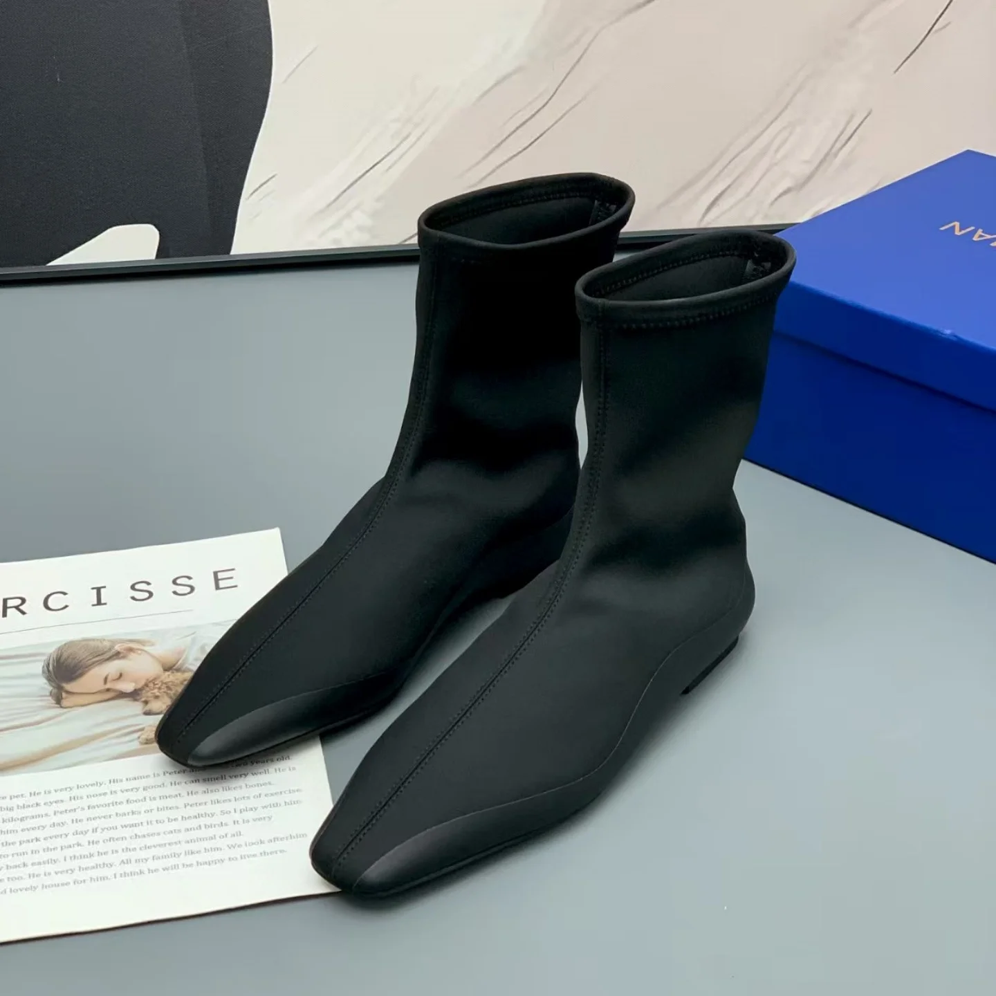 

SIBTTE WCYAN Женские эластичные ботинки из натуральной кожи на плоской подошве с квадратным носком, облегающие, корейский стиль, короткие, весна-осень