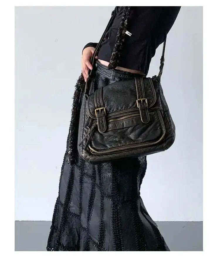 Bloom Vintage Y2k Grunge Messenger Women Retro Leather Soft Chic Black Handbag Female Casual Crossbody Square Bag Bolsa